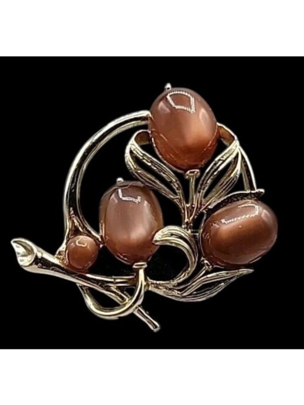 Lisner Moonglow Flower Brooch Cocoa Brown Lucite Cabochons Gold Tone 1950s